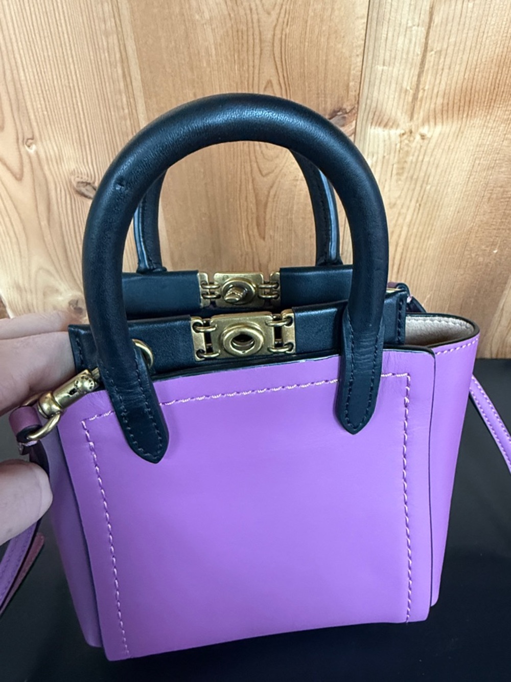 Purple Mini Tote Handbag with Black Handles - Picture 4 of 13
